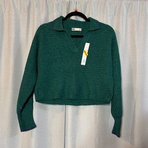 SO Deep Green Cropped V-Neck Collared Knit Sweater
